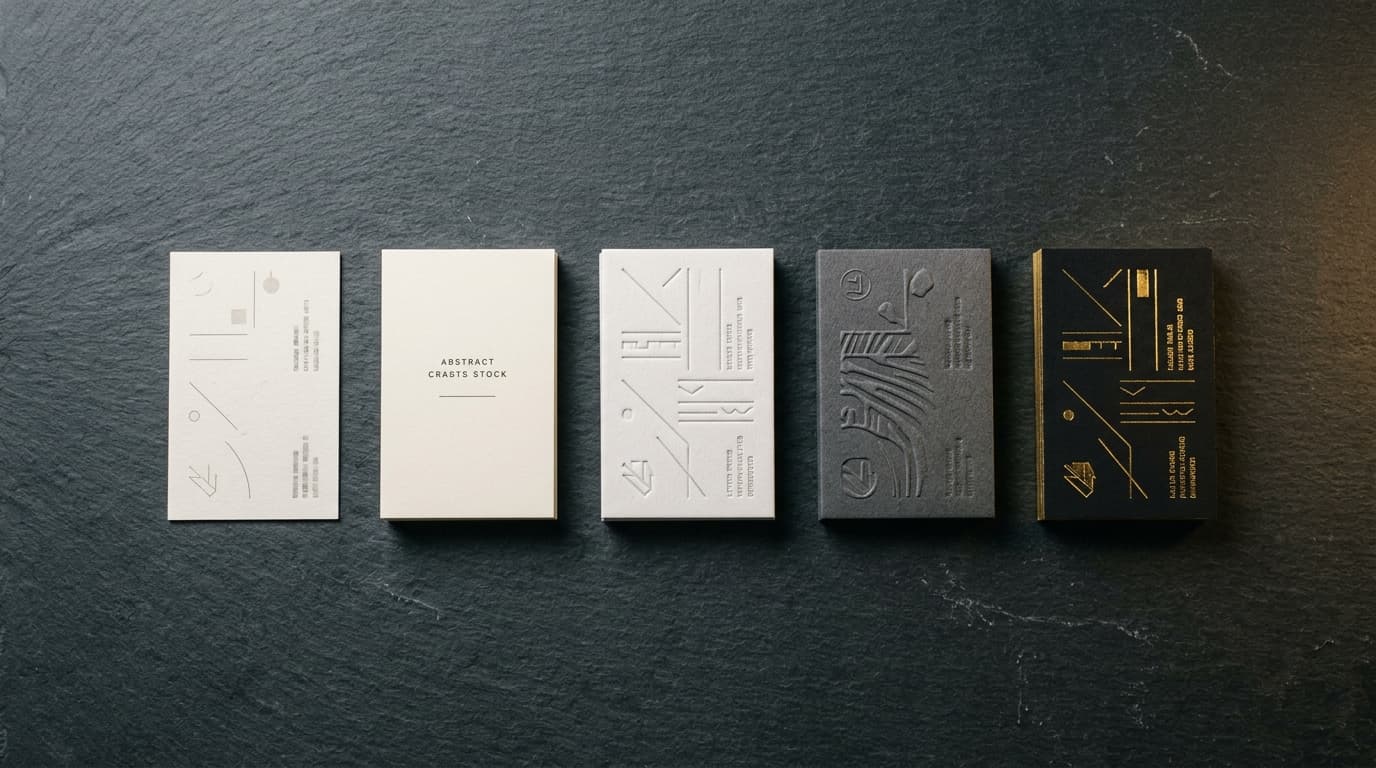 Five business cards arranged in a row on a charcoal slate surface, increasing in production quality from a thin paper card to an embossed and finally a foil-stamped black card