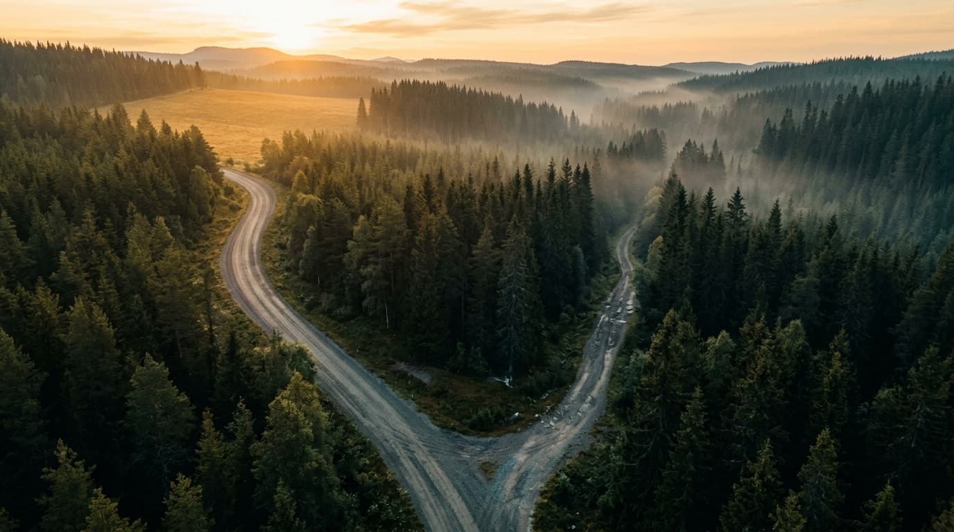 Aerial view of two gravel roads diverging through a misty Nordic pine forest at golden hour, one curving toward a sunlit clearing and the other narrowing into shadow