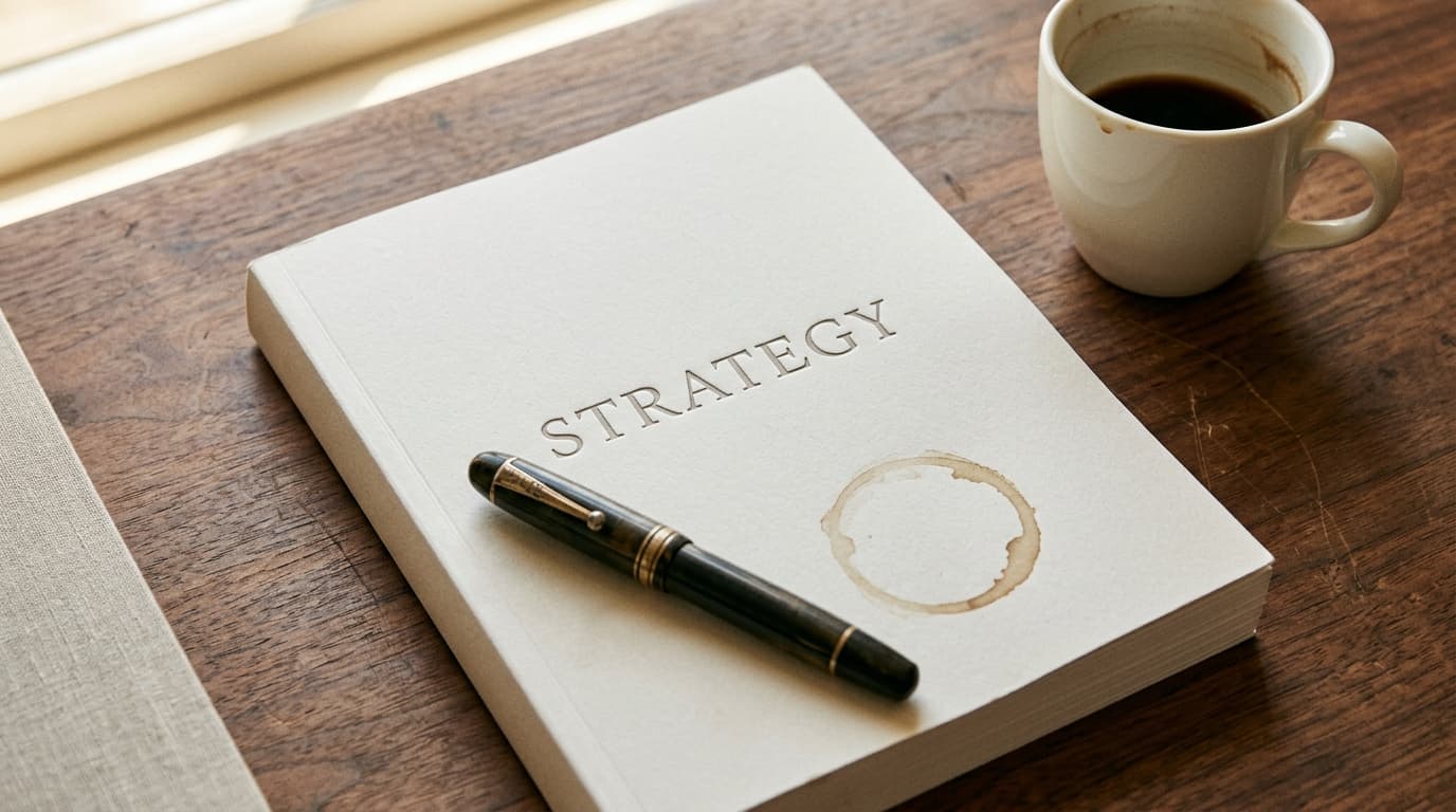 A perfect-bound document with the word STRATEGY embossed on the cover, a fountain pen lying on top, and a coffee ring stain beside it, on a warm walnut desk