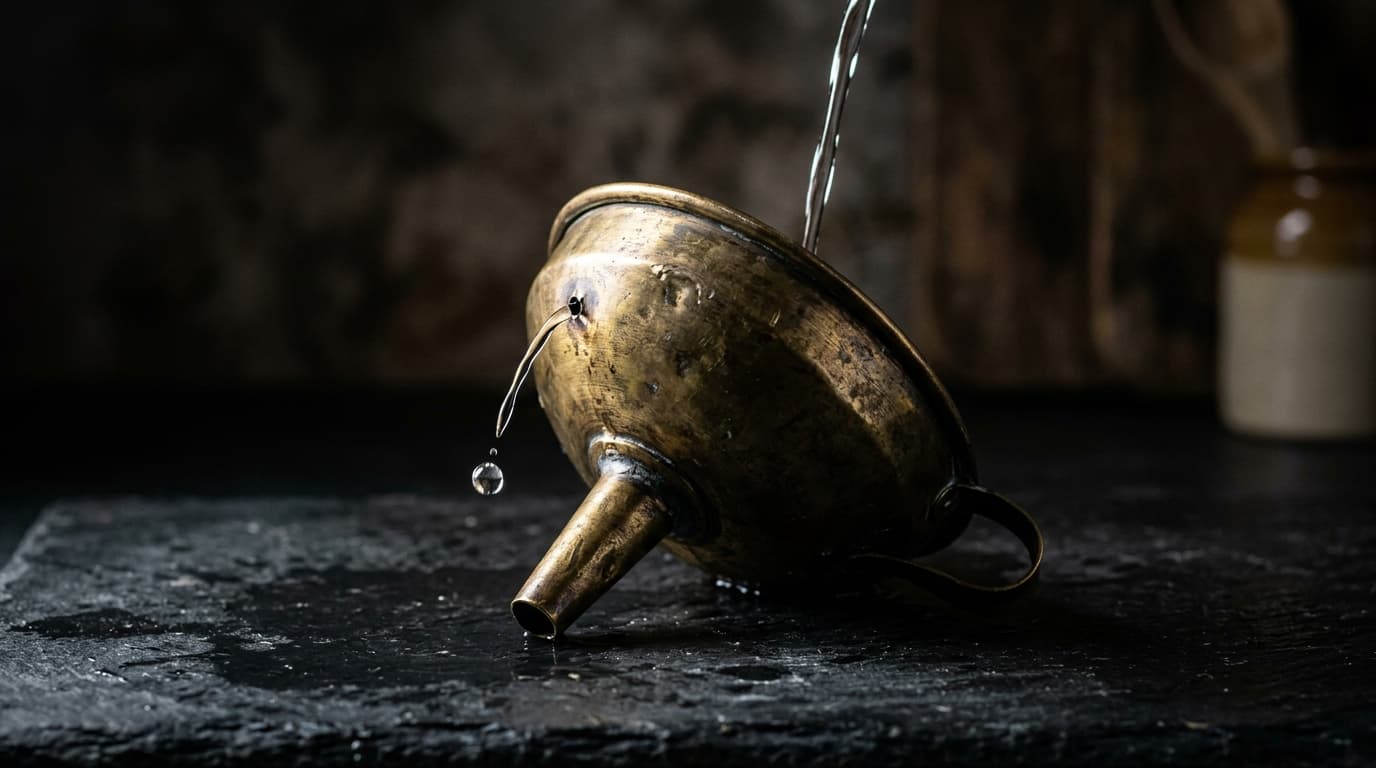 A tarnished brass funnel on a dark slate countertop with water pouring in from above and a single bright droplet escaping through a hole near the rim