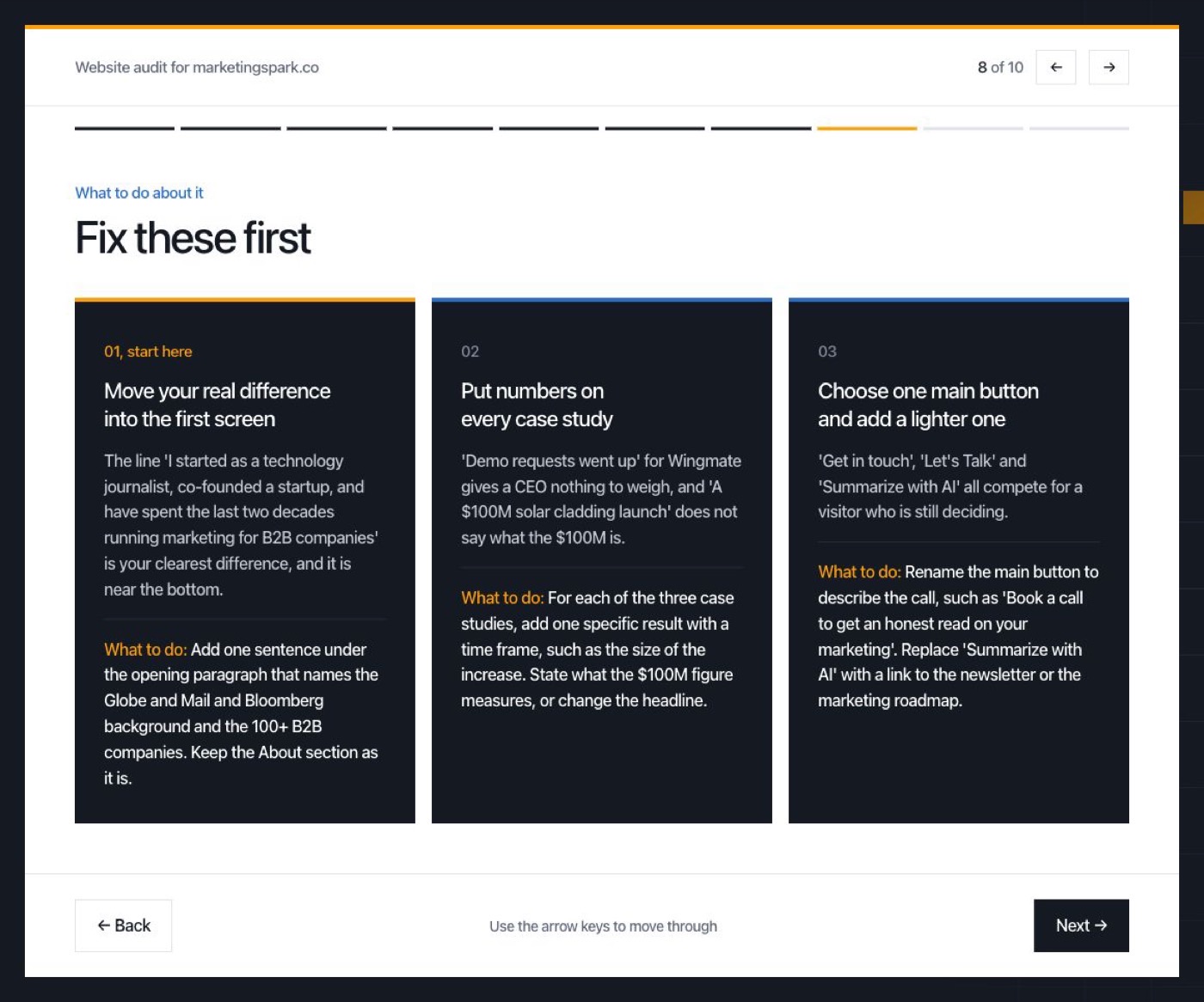 Three recommended fixes from the audit, each with a description and what to do