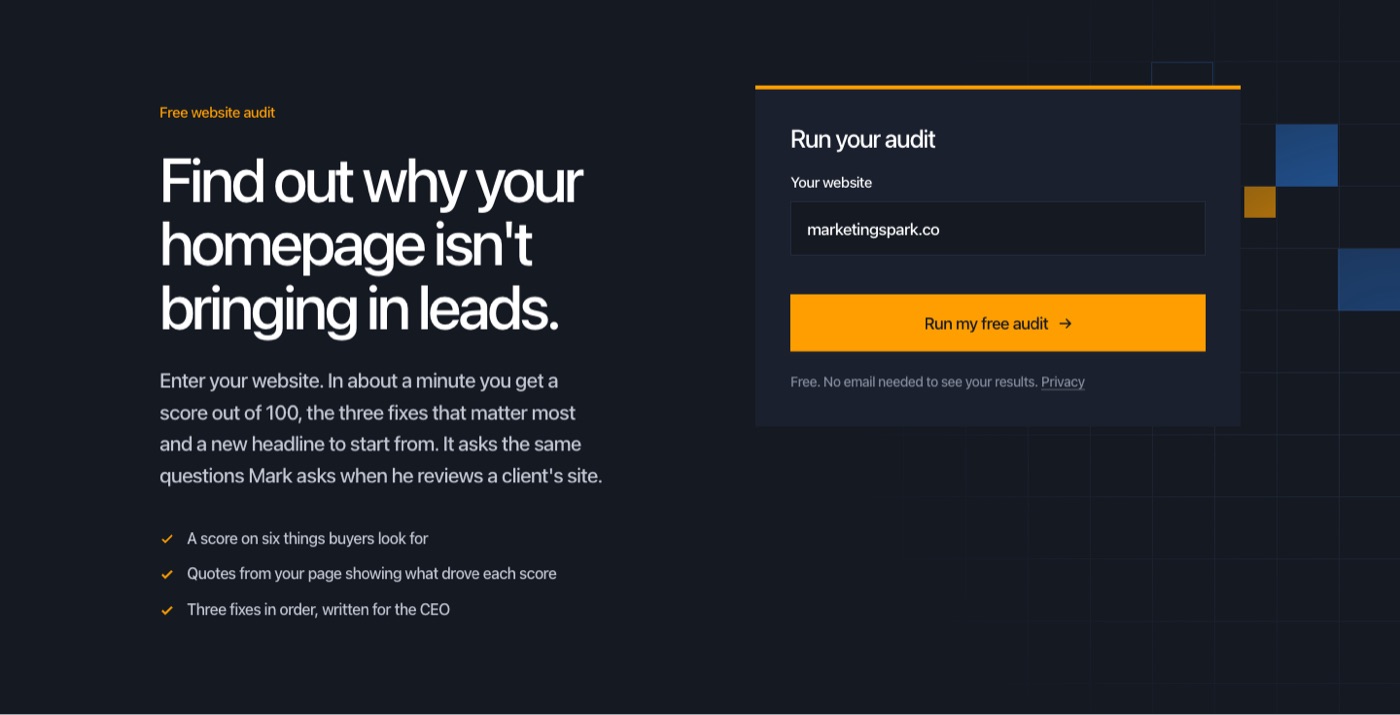 The website audit form with marketingspark.co entered