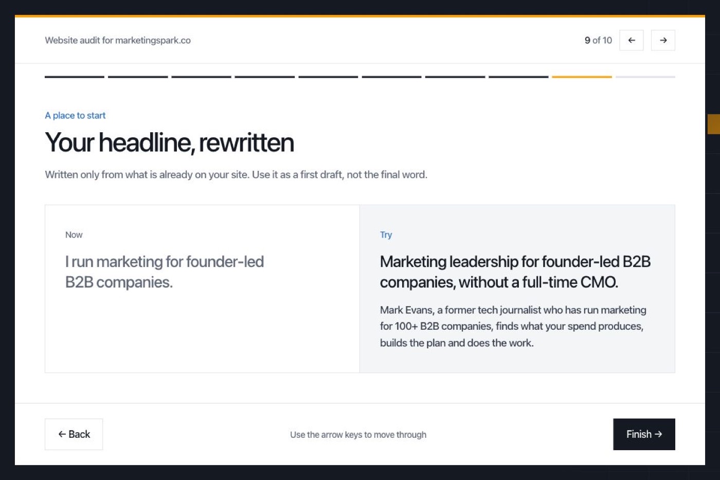 The audit showing the current homepage headline and a suggested rewrite