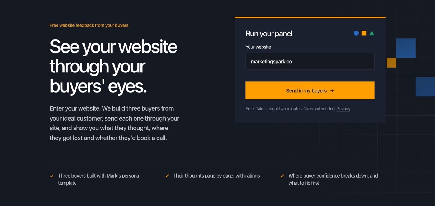 The buyer panel form with marketingspark.co entered