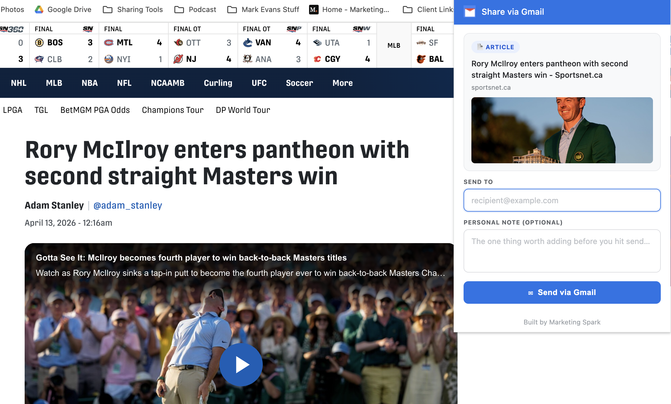 Share via Gmail extension panel open on a Sportsnet article, showing the article preview, recipient field, and Send via Gmail button